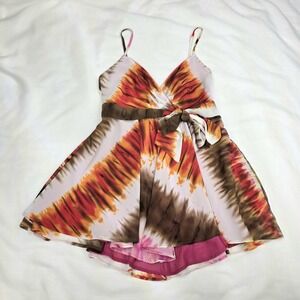 Y2k TeeCo Babydoll‎ Top Womens Large Fairy Boho Tie Dye Orange Spaghetti Strap
